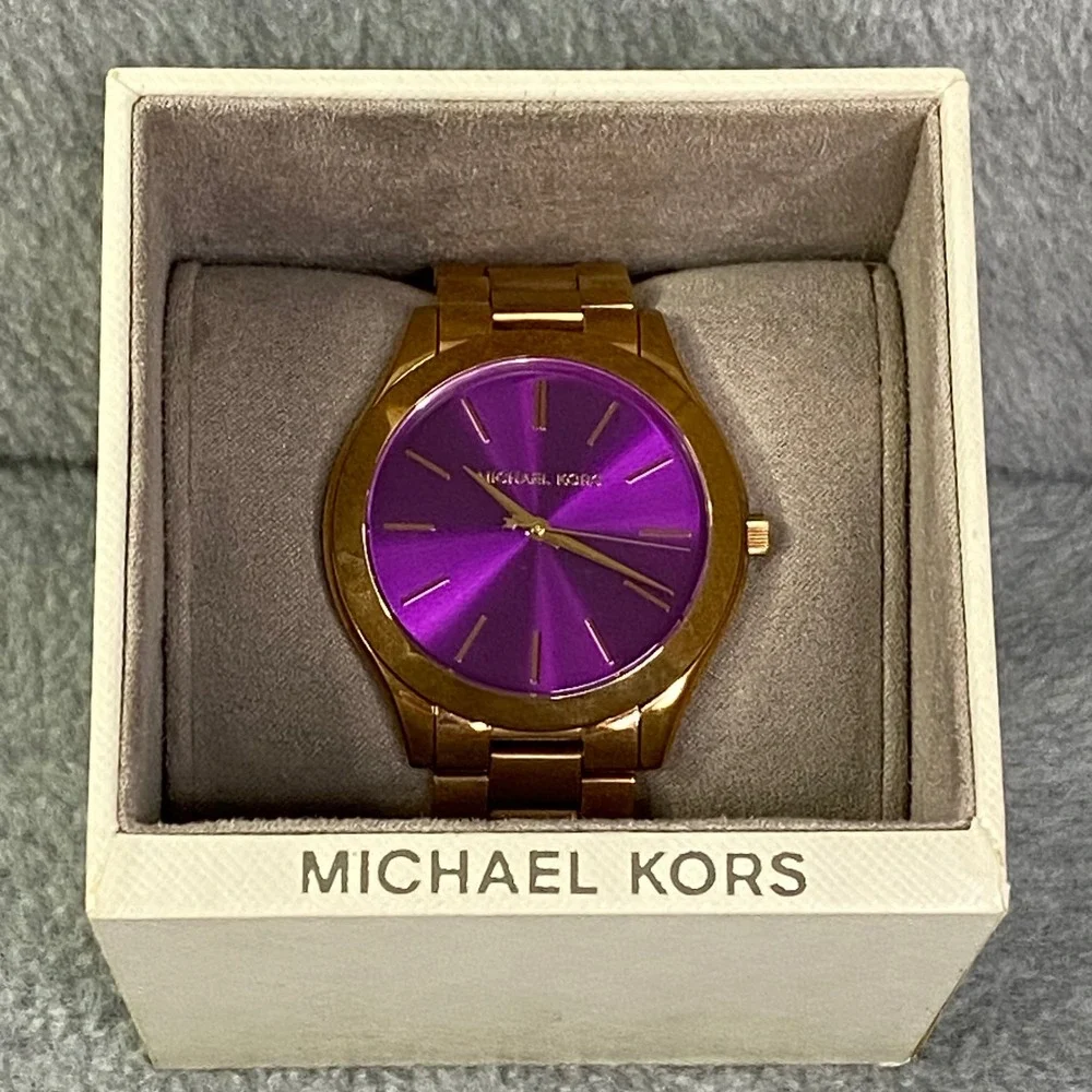 Michael Kors Watch‎ Women Rose Gold Purple Slim Runway MK-3293 Luxe Chic EUC